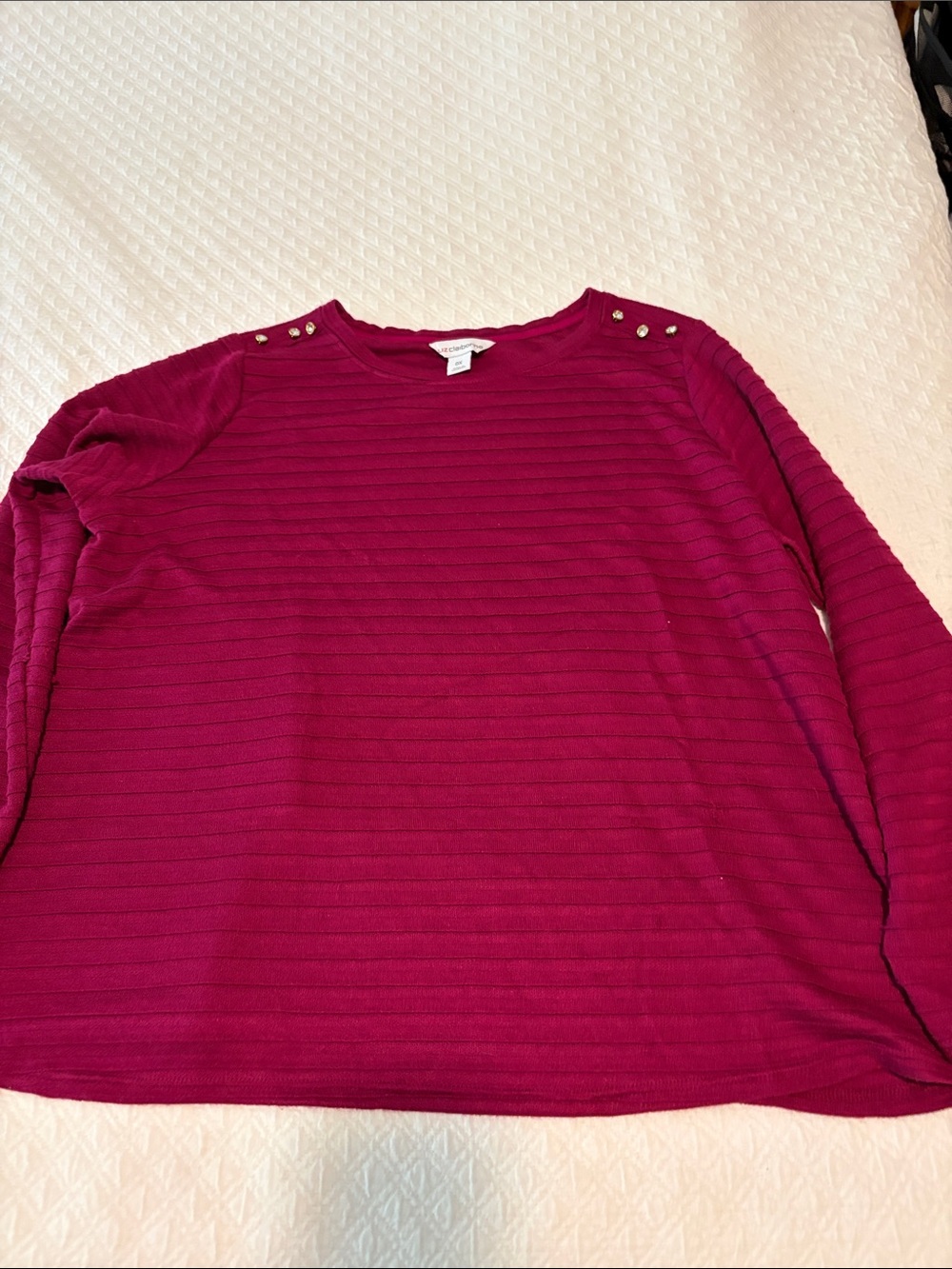 Sag Harbor Magenta Ribbed Long Sleeve Top with Shoulder Studs